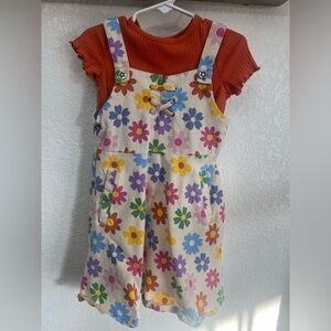 Rare Editions Multicolor Floral Overalls Dress with orange under top.